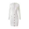 Vestido de Punto para Primavera y Otoño, Cuello en V, Manga Larga, Ajustado al Cuerpo, Vestido Blanco, Estilo Ins Europeo y Americano, Hebilla con Tachuelas, Vestido Texturizado, Moderno para Ir al Trabajo
