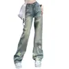 Jeans Nostálgicos Estilo Americano para Mujer Diseño Otoño e Invierno Sentido del Diseño Estampados Cintura Alta Pierna Ancha Rectos Sueltos Pantalones Mopa