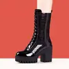 Botas de Moda de Charol con Tacón Alto para Mujer con Cordones 2026 Otoño Cremallera Lateral Botines Plataforma Tacón Grueso Invierno Botas de Media Caña Más Terciopelo