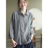 Foto Oficial Original Otoño Nuevo Algodón Doble Velo Camisa de Manga Larga para Mujer Top Retro Rayas Verticales Teñido en Hilo