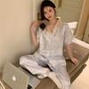 Pijama de Seda Helada con Solapa Estilo Coreano Transfronterizo con Estampado Floral para Mujer Verano Lujo Ligero Ropa para el Hogar Manga Corta Ropa Exterior Venta al por Mayor