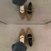 Sapatos de moda pontudos 2026 versáteis e estilosos para uso ao ar livre, novo estilo de salto grosso, slip-on, de tecido raso com corrente de metal para o outono