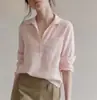 Camisa solar requintada estilo francês, cor rosa, toque de linho, com meio botão e decote V, para mulheres, para o verão, estilo "old money", top com toque relaxado