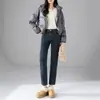 Jeans Rectos Gruesos Forrados de Polar de Cintura Alta para Mujer Otoño e Invierno Sueltos Adelgazantes Forrados Tubo Ahumado Pantalones Exteriores Ajustados