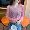 Moda Nueva Primavera 2025 Transfronteriza Estilo Coreano Rayas Hueco Cuello en V Tejido de Punto para Mujer Verano Cubierta de Punto Protector Solar