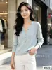 Top de punto Henley de moda con botones para mujer, corte ajustado, elástico, camiseta de manga larga de alta gama para otoño, invierno y primavera