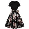 D fábrica transfronteriza venta directa verano nuevo retro europeo y americano mujer cuello redondo manga corta estampado de retazos negro vestido