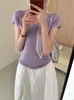 Malha Stretch de Linho e Seda com Gola U Manga Curta Feminina Nova Primavera/Verão 2026 Slim Fit Elegante Camiseta Top Feminino Estilo Coreano