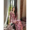 Outono 2026 Novo Estilo Chinês Retrô Estampa de Borboleta Slim Fit Cauda de Peixe Longo Vestido Roxo
