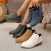 Botines Martin de talla grande para mujer con tacón grueso, caña corta, cremallera trasera, punta fina adelgazante, parte superior de piel, botines de tobillo de exportación europea y americana, color liso