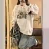 Sudadera con Capucha INS de Estilo Americano Blanca y Gris, Cuello Redondo, Manga Larga para Mujer, Otoño e Invierno, Pulóver Grueso Oversize de Terciopelo Zorro Plateado