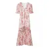 Vestido Largo de Verano 2026 para Mujer, Nuevo Estilo de Moda Europeo y Americano, Adelgazante, Cuello en V, Abotonado, Media Abertura, Estampado, Manga Corta