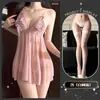 Lingerie Sexy com Vestido Transparente de Renda Furadinha em Malha, Saia com Gravata Borboleta e Toque Velado Franzido