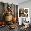 Cortina de Ducha Impermeable con Tema de Halloween Juego de Cuatro Piezas Decoración de Calabaza Cortina Divisoria de Baño Juego sin Taladro