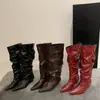 Botas Puntiagudas Plisadas de Tacón de Cuña para Mujer, Botas de Caña Alta Adelgazantes de Moda, Botas Largas Estilo Vintage para Mujer, Botas de Mujer para Principios de Otoño