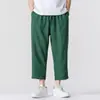 Pantalones Casuales Sueltos de Lino de Imitación Finos de Verano Talla Grande Estilo Japonés Pantalones Rectos de Nueve Puntos Retro Tendencia para Hombre Estilo Chino