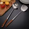 Espátula de Acero Inoxidable 304 con Mango Largo Cucharón para Sopa Cuchara Ranurada Mango de Palo de Rosa Espátula para Saltear de Cocina Casera Espátula de Cocina Cucharón