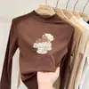 Camiseta casual de manga comprida infantil, novo estilo 2026, camada interna quentinha para meninas, top com gola alta e meio zíper em fleece dupla face