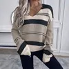 Loja independente do eBay feminina outono e primavera europeia e americana gola V bloco de cores blusa de tricô confortável para o dia a dia em estoque