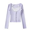 Camiseta de manga larga estilo europeo y americano con cuello halter en U de dos piezas falsas para mujer, nueva de otoño 2023, ajustada, corta para usar debajo.