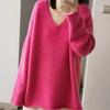 Suéter de cachemira grueso y grueso para mujer, otoño e invierno, nuevo, rosa, con cuello en V y hombros descubiertos, suelto, 100% lana
