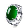 Anel de moeda oca de ágata verde estilo étnico retrô anel de moeda de gema de calcedônia verde aberto anel Prata