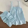 Pijama com Bojo para Mulheres, Novo Estilo de Verão com Shorts de Alça, Algodão Colorido Catiônico Estilo Fino, Conjunto Doce para Casa de Menina