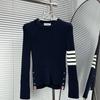 Venda Direta da Fábrica Marca da Moda Novo Suéter Feminino Gola Redonda Manga Longa Malha Vazada com Quatro Listras