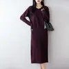 Otoño Invierno Cuello Redondo 100% Lana Tejido de Punto Canalé Vestido Falda Largo Mujer Adelgazante Holgado Capa Base Vestido de Lana