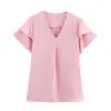 Camisa Feminina de Verão Europeia e Americana Nova, Versátil para o Dia a Dia e Trabalho, Manga Curta com Babados de Seda Gelada