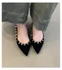 Sapatos de Salto Baixo Novos de Primavera e Outono Sapatos de Salto Baixo com Rebites Franceses de Bico Fino Femininos Camurça de Fundo Plano para Deslocamento Preguiçoso Slip-on 2026