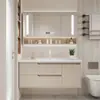 Juego de mueble de baño estilo crema, baño minimalista moderno con lavabo cerámico integrado, tocador y juego de lavabo inteligente