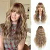 Peruca transfronteiriça para mulheres, cabelo longo ondulado castanho ombré com franja, aparência natural e volumoso, cobertura total da cabeça, 24 polegadas