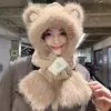 Conjunto fofo de chapéu com orelhas de urso e cachecol de inverno para mulheres, com forro de fleece e design espesso para aquecimento e proteção das orelhas.