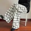 Calça Casual Xadrez de Perna Larga para Homens, Textura High Street Americana Primavera/Outono, Design Plissado, Calça Longa Casual Solta de Perna Larga