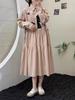 Vestido de Manga Larga Bordado de Gato Japonés para Mujer Artístico Dulce Cuello Medio Abierto Cintura con Cordón Elegante Holgado Vestido Largo para Mujer