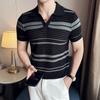 Polo de Malha Vazada de Alta Qualidade Masculino Listrado Jacquard Tricotado Manga Curta Decote V Combinação de Cores Camiseta Fresca Moderna