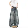 Jeans masculino retro americano com lavagem desgastada, recorte de orelha de gato, calça casual solta para outono, afinar, perna larga