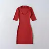 Vestido de Color Sólido con Cuello en U y Mangas Medias para Mujer, Vintage Sexy Elástico Ajustado, Ropa Exterior Hot Girl Deseo Puro, Vestido Corto Bodycon