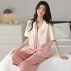 Pijama de Algodón para Mujer Verano Manga Corta Pantalón Recortado Cárdigan Cuello Kimono Ropa para el Hogar Casual Conjunto de Estudiante para Mujer