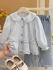 Nueva colección de otoño de algodón puro, camisas estilo baby doll con encaje a cuadros estilo coreano para niñas, camisas de moda para bebés, camisas infantiles y ropa infantil