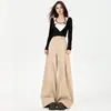 Calças casuais de fleece cáqui para mulheres, calças de cintura alta folgadas de perna larga compridas e extra-longas para o início do outono