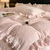 Colcha de Terciopelo de Leche Tallada Francesa Juego de Cama de Cuatro Piezas Borde de Encaje Rosa Terciopelo Engrosado de Doble Cara Suministros de Terciopelo Coral
