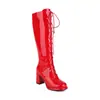 Novas Botas Femininas de Outono e Inverno, Bico Redondo em Couro Patentê, Salto Grosso, Salto Super Alto, Cadarço Frontal, Botas Femininas de Cano Alto, Botas Longas Acima do Joelho