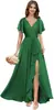 Vestido de dama de honor de gasa con escote en V y manga acampanada, estilo europeo y americano, con cintura plisada y abertura, vestido largo formal para fiesta de boda