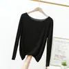 Camiseta base de modal y algodón para primavera y verano para mujer, camiseta de manga larga talla grande, corte holgado, sin costuras, hombros descubiertos, top fino