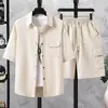 Suministro Especial Transfronterizo Traje de Camisa de Manga Corta Estilo Hong Kong para Hombre Verano Nuevo de Moda Guapo Delgado Pantalones Cortos Ropa de Trabajo Conjunto de Dos Piezas