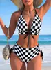 Biquíni Dividido Estilo Europeu Transfronteiriço 2027 Roupa de Banho Bikini de Praia Xadrez Preto e Branco Sexy Roupa de Banho para Férias