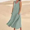 Site Independente da Amazon Wish2026 Verão Europeu e Americano Comércio Exterior Bolso Sem Mangas Gola Redonda Vestido Feminino de Algodão e Linho