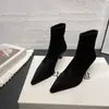 Botines de satén de moda estilo europeo y americano para mujer, nueva colección otoño/invierno 2024, con punta fina, tacón delgado y diseño elástico para un efecto adelgazante